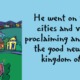 a colorful village on a sky blue background with a quote from Luke 8:1 "He went on through cities and villages, proclaiming and bringing the good news of the kingdom of God.