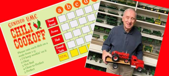 picture showing chili cookoff ballot and Doug Harke holding a toy tractor.